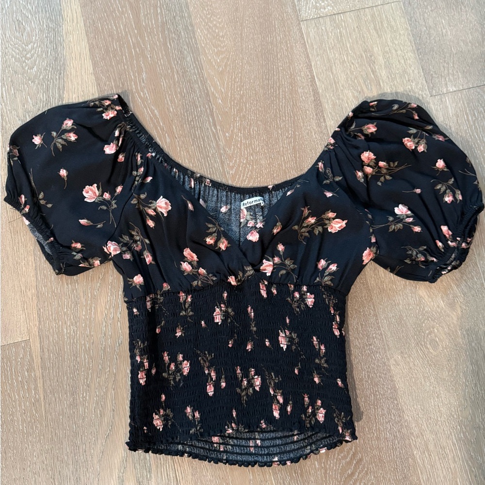 Reformation Floral Puff Sleeve Ruched Blouse